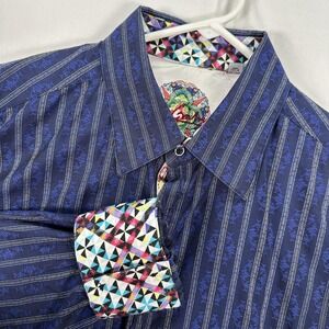 Robert Graham Shirt Mens 2XL Blue Striped Long Sleeve Flip Cuff Embroidered EUC